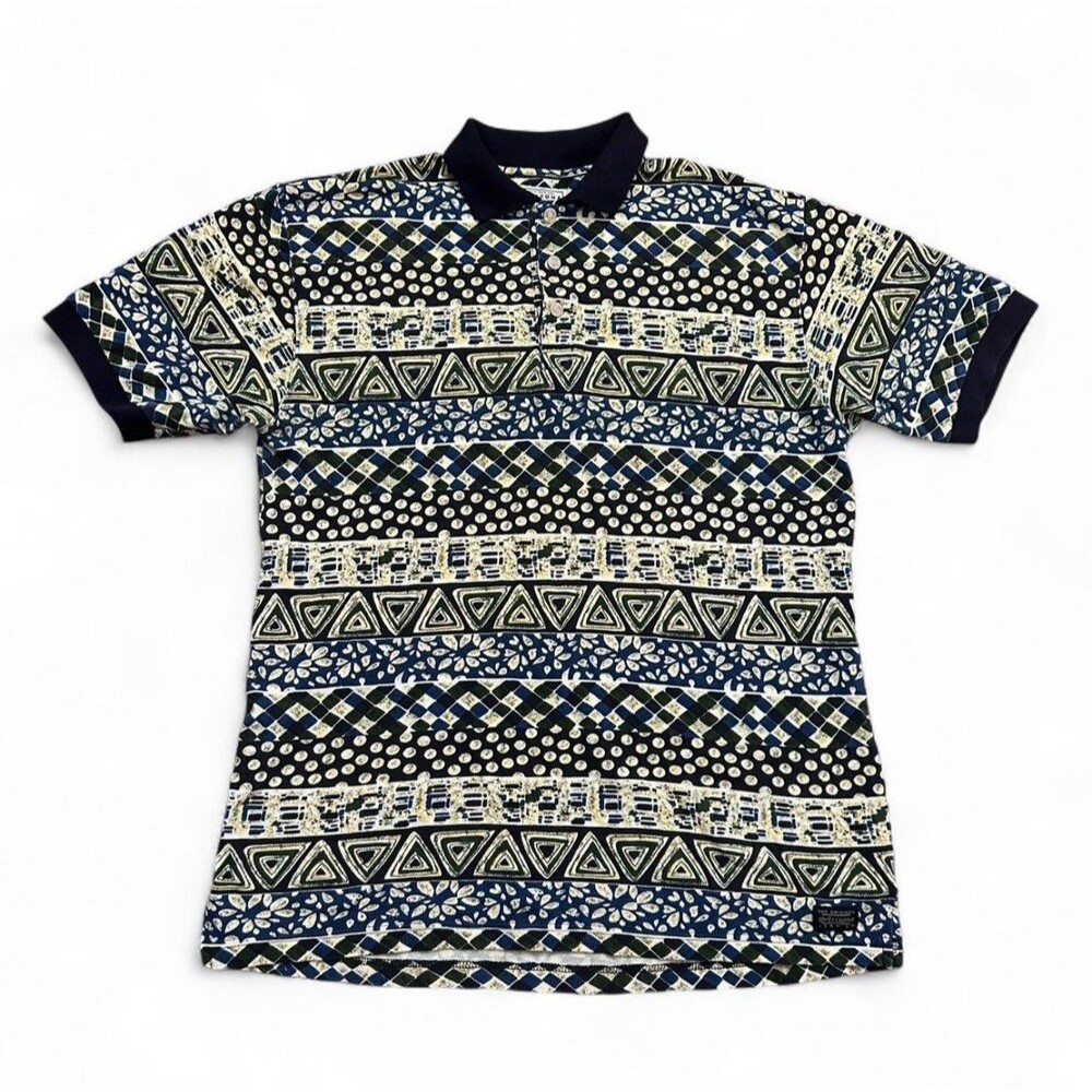 Vintage 90s Arizona Jean Co All Over Print Polo Shirt Aztec Geometric Mens M AOP